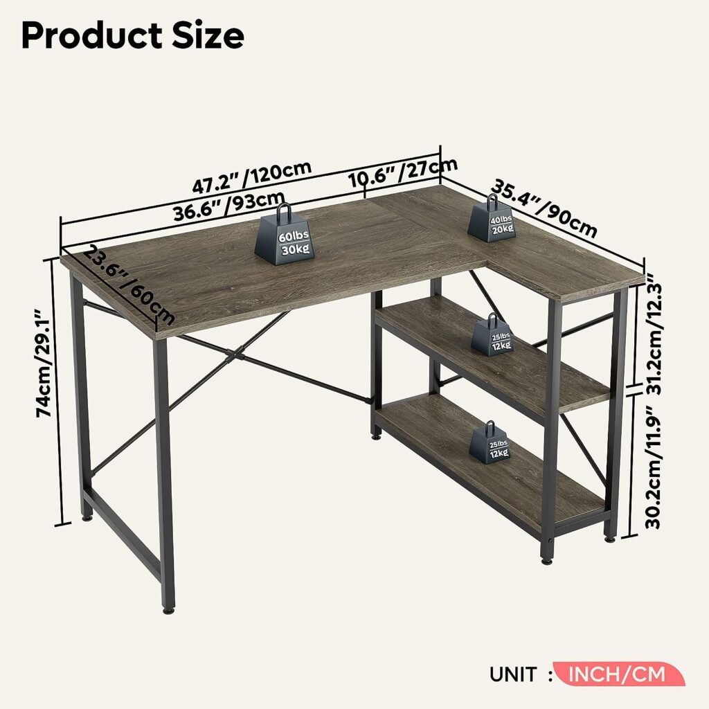 Bestier Small L Shaped Desk with Storage Shelves 47 Inch Corner Computer Desk Writing Study Table for Home Office Small Space, Gray