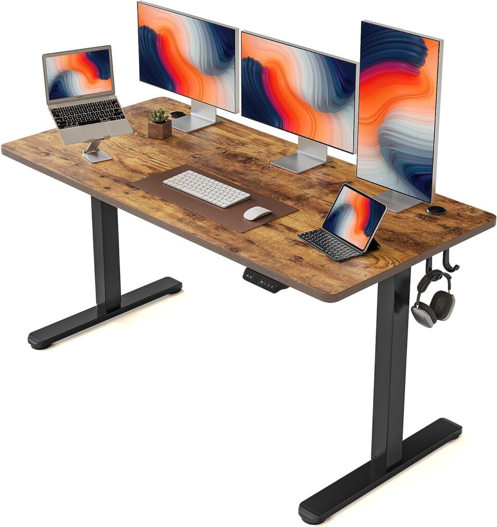 FEZIBO Height Adjustable Electric Standing Desk, 55 x 24 Inches Stand up Table, Sit Stand Home Office Desk with Splice Board, Black Frame/Rustic Brown Top