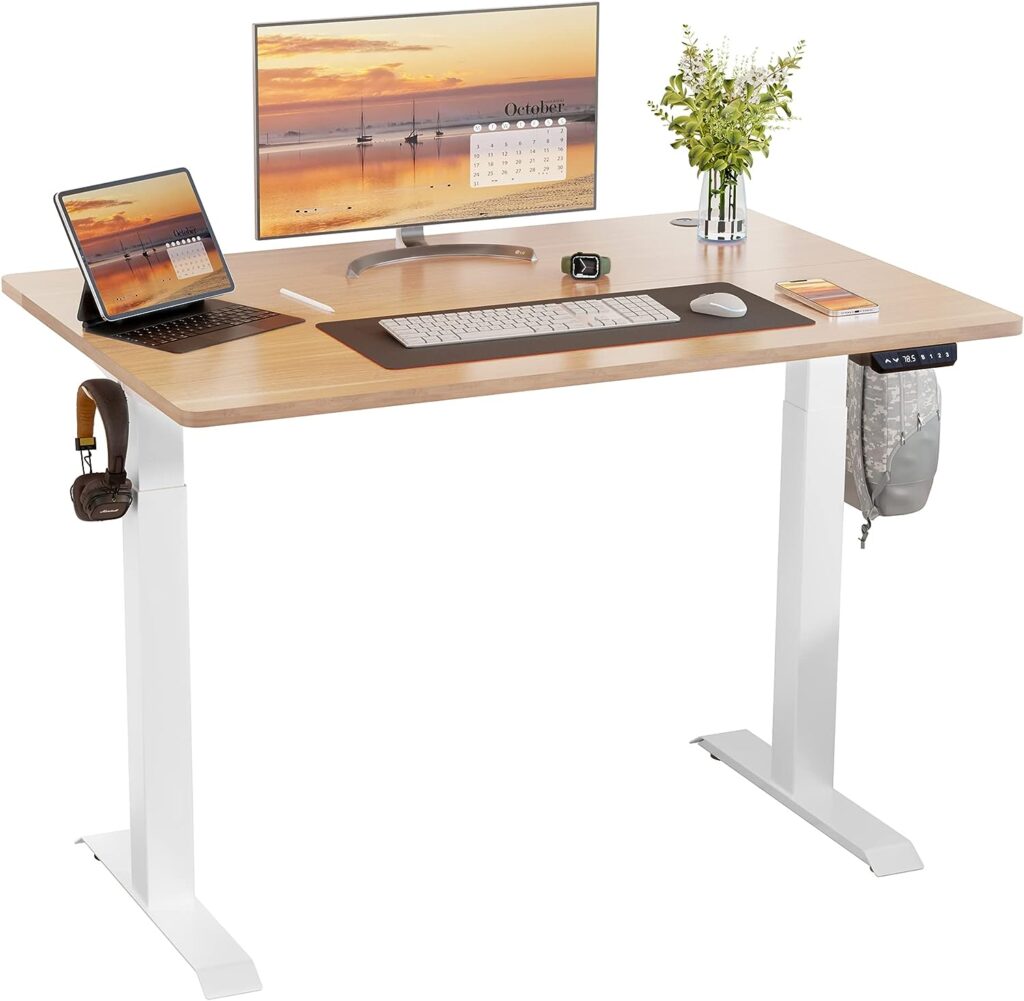 Meilocar Height Adjustable Electric Standing Desk, Sit Stand Computer Desk w/Memory Controller, Home Office Workstation Stand up Desk with Splice Board, 48 x 24 Tabletop (Walnut Top + White Frame)