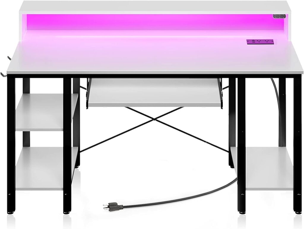 Rolanstar Computer Desk with LED Strip  Power Outlets, 47  55 inch Desk with Monitor Stand, Storage Shelf and Keyboard Tray